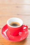 Fresh Brewed Hot Espresso In Red Cup Stock Photo