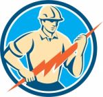 Electrician Holding Lightning Bolt Circle Retro Stock Photo