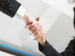 Handshaking business people Stock Photo