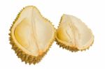 Close Up Of Peeled Durian Isolated On White Background Stock Photo