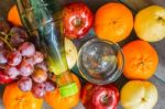 Bottle On Many Of Fruits Stock Photo