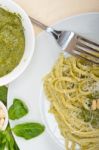 Italian Traditional Basil Pesto Pasta Ingredients Stock Photo