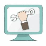 Holding Spanner Icon On Computer Monitor -  Illustration Stock Photo