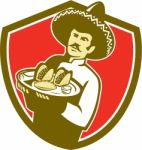 Mexican Chef Cook Serving Taco Plate Shield Stock Photo