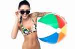 Smiling Bikini Woman Posing With Ball Stock Photo