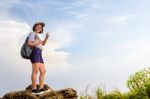 Tourist Teen Girl On Phu Chi Fa Mountain Stock Photo