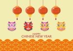 Happy Chinese New Year With Dancing Lions And Lanterns Stock Photo