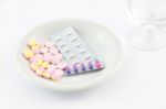 Medicine Tablet Dish On Table Stock Photo