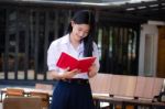 Asia Thai High School Student Uniform Beautiful Girl Read A Book Stock Photo