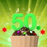 Fifty Candle On Cupcake Shows Fiftieth Anniversary Or Remembranc Stock Photo