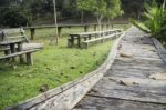 Outdoor Wooden Furniture In Field Stock Photo