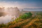 Summer Misty Sunrise On The River. Foggy River In The Morning. S Stock Photo