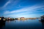 Fisherman Village At Sea Shore In Beach Sunset Stock Photo