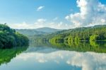 Landscape Of The Dam And Lake On The Mountain With Tree And Forest Stock Photo