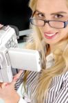 Female Holding Video Camera Stock Photo