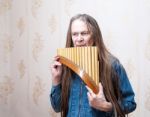 Long-haired Elderly Man With Pan Flute Stock Photo