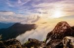 Phu Chi Fa Forest Park At Sunset, Thailand Stock Photo