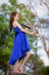 Beautiful Woman Wear Blue Evening Dress Sound Saxophone Stand On Stock Photo