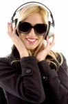 Smiling Woman Listening Music Stock Photo