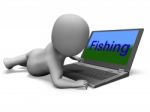 Fishing Character Laptop Means Sport Of Catching Fish On Web Stock Photo