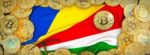 Bitcoins Gold Around Seychelles  Flag And Pickaxe On The Left.3d Stock Photo