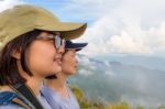 Face Two Young Women Watching Nature Stock Photo