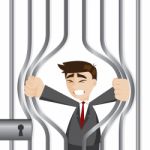 Cartoon Businessman Trying To Break Prison Stock Photo