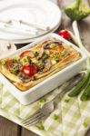 Quiche Lorraine With Chicken, Mushrooms, Broccoli And Tomatoes Stock Photo