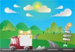 Express Delivery Truck Cartoon Gradient Colorful Logistic Stock Photo