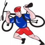 Cyclist Carry Mountain Bike On Shoulders Cartoon Stock Photo