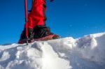 View Of Walking On Snow With Snow Shoes And Shoe Spikes In Winte Stock Photo