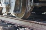 Beautiful Background With Old Rusty Wheels Of A Train And The Railway Stock Photo