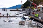 Destroyed  By Thunderstorm Piers With Boats In Verbania, Italy Stock Photo