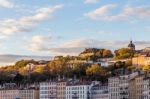 Sun Light On Buildings And Trees In France Stock Photo