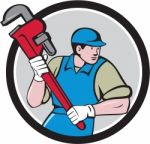 Plumber Running Monkey Wrench Circle Cartoon Stock Photo