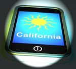 California And Sun On Phone Displays Great Weather In Golden Sta Stock Photo