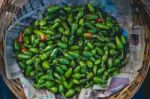 Green Chili Peppers In A Basket Stock Photo