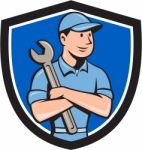 Mechanic Arms Crossed Spanner Crest Cartoon Stock Photo