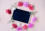 Black Chalk Board With Fresh Carnation Flower On Soft Cream Back Stock Photo