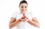 Caucasian Lady Holding An Apple Stock Photo