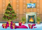 Cartoon  Illustration Interior Christmas Room With Separated Layers Stock Photo