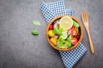 The Bowl Of Healthy Vegan Salad . Various Vegetables Avocado, To Stock Photo