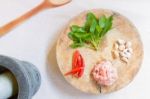 Thai Food Ingredient Include Pork And Basil And Chili And Garlic On Wooden Cutting Board Stock Photo