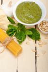 Italian Traditional Basil Pesto Pasta Ingredients Stock Photo