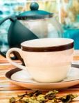 Green Tea Cup Means Refreshed Beverage And Teacup Stock Photo