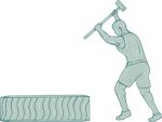 Fitness Athlete Sledge Hammer Striking Tire Drawing Stock Photo