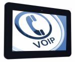 Voip Tablet Means Voice Over Internet Protocol Or Broadband Tele Stock Photo