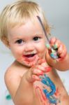 Baby Girl Celebrating Her First Bithday With Gourmet Cake And Ba Stock Photo