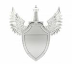 Silver Metal Shield With Wings And Sword Stock Photo