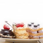 Selection Of Fresh Cream Cake Dessert Plate Stock Photo